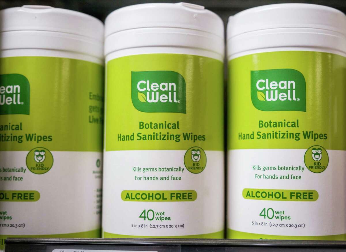 Hand sanitizing wipes are seen on the shelves at the Bi-Rite store in San Francisco, Calif. on Friday, March 6, 2020.
