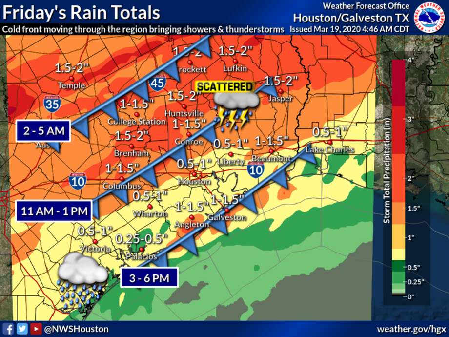 Rain total predictions for Friday, March 20, 2020, in Houston. Photo: National Weather Service