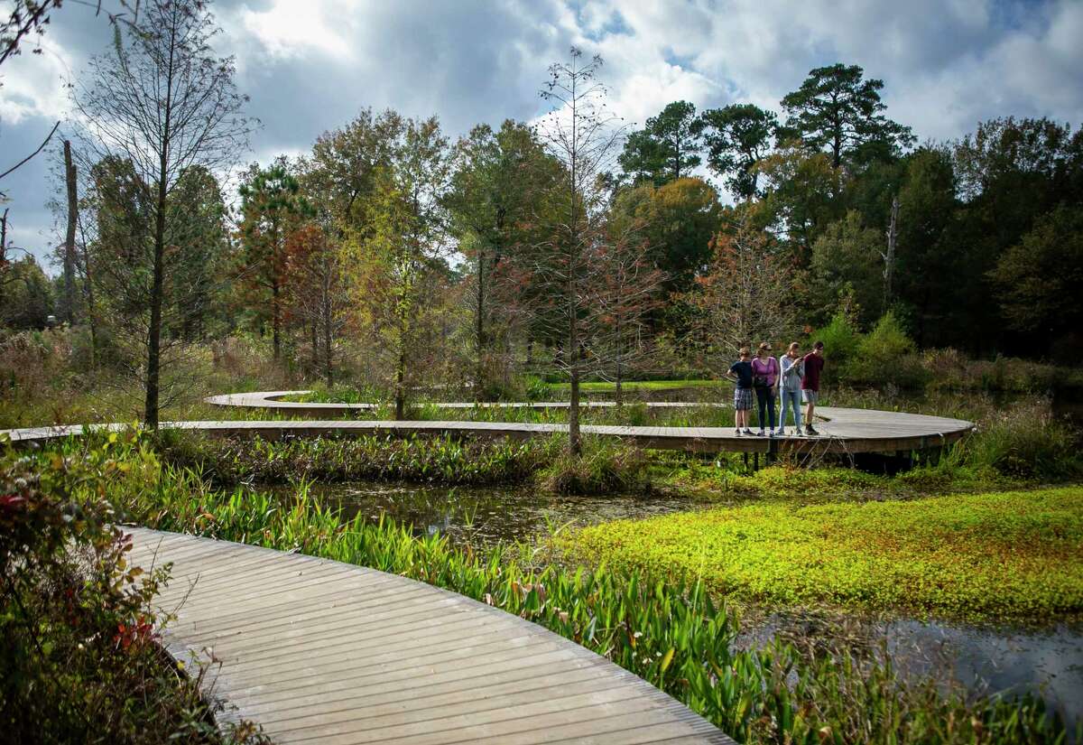 Angela Maloney stops to look at a group of turtles with her three children, Morgan, 15, Nathaniel, 13, and Matthew, 9, from a boardwalk trail at the Houston Arboretum, Monday, Nov. 25, 2019.
