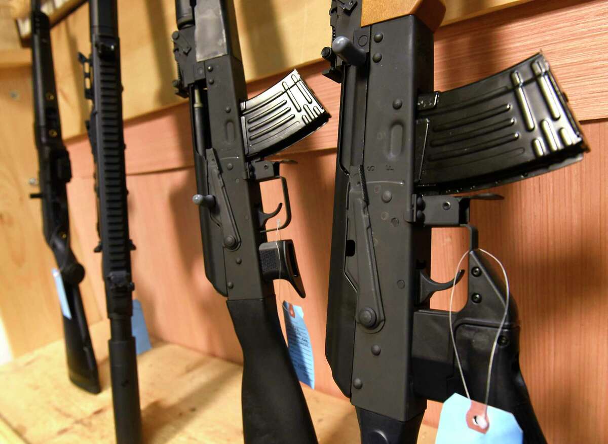 Semi-automatic rifles are seen on display at Upstate Guns & Ammo store on Thursday, March 19, 2020 in Schenectady, N.Y. (Lori Van Buren/Times Union)