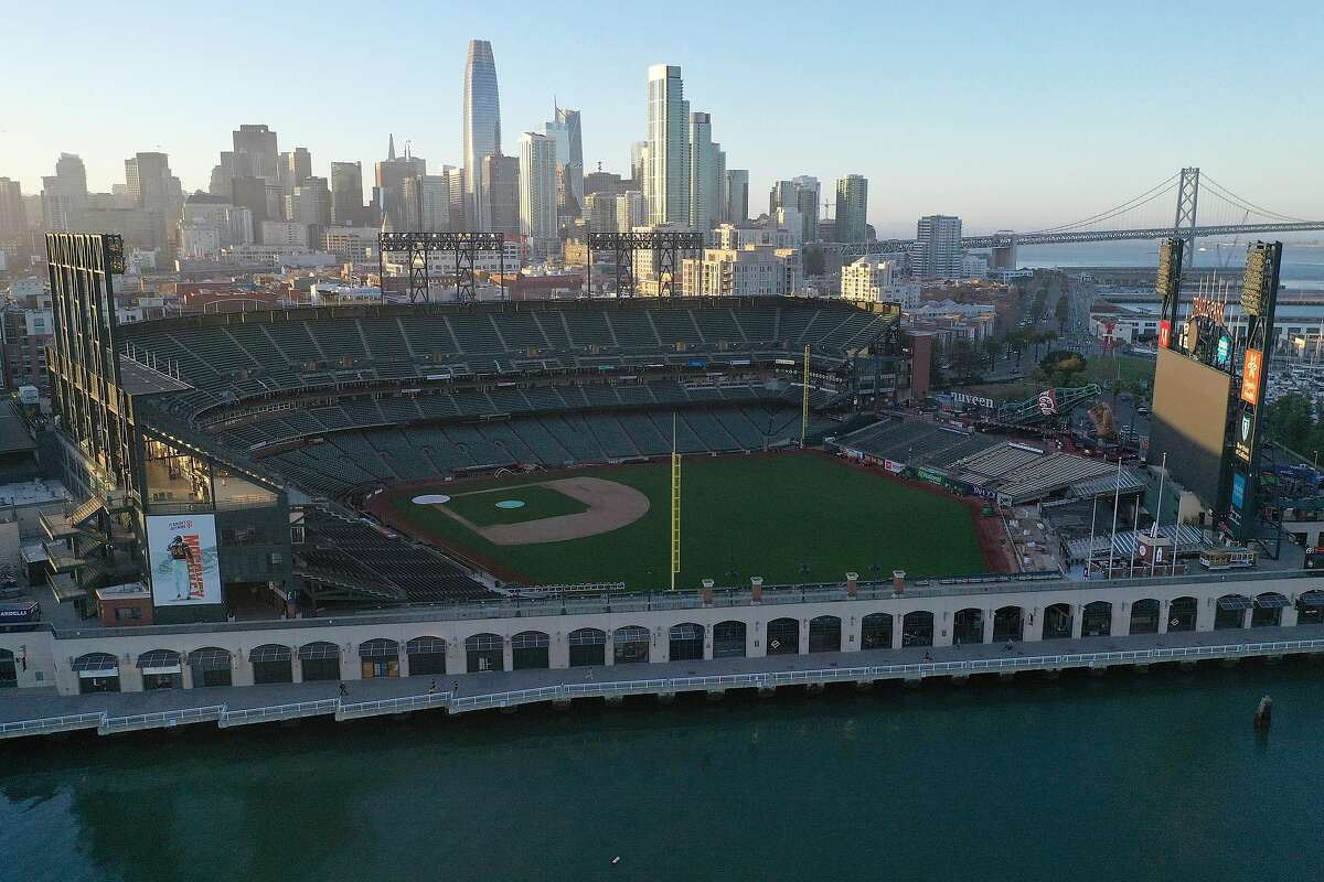 SAN FRANCISCO, CALIFORNIA - MARCH 12: An aerial view of Oracle Park, where the San Francisco Giants play, on March 12, 2020 in San Francisco, California. The NBA, NHL, NCAA and MLB have all announced cancellations or postponements of events because of the COVID-19. (Photo by Ezra Shaw/Getty Images)