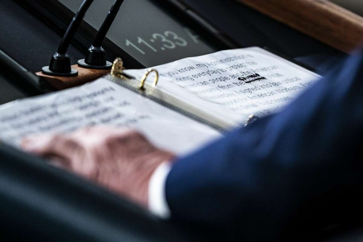 A close up of President Donald J. Trump's notes shows where Corona was crossed out "Corona" and replaced with "Chinese" Virus as he speaks with his coronavirus task force in response to the COVID-19 coronavirus pandemic during a briefing in the James S. Brady Press Briefing Room at the White House on Thursday, March 19, 2020 in Washington, DC.