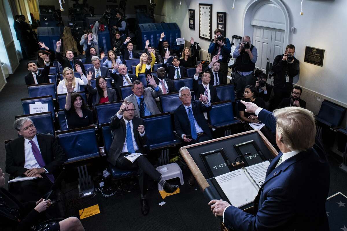 President Donald Trump speaks with his coronavirus task force in response to the COVID-19 coronavirus pandemic during a briefing March 17, 2020 in Washington, DC.