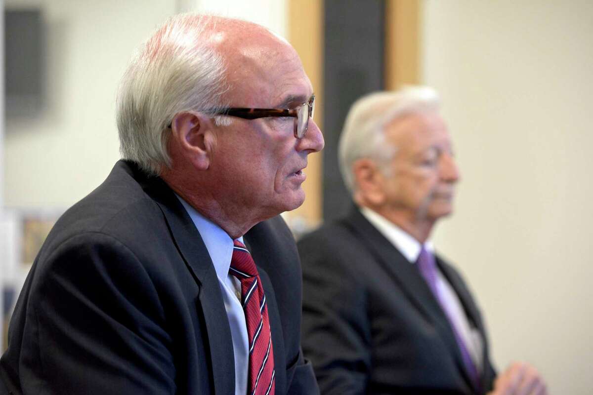 Candidates for Ridgefield First Selectman, Democratic incumbent Rudy Marconi, left, and Republican challenger Rich Moccia during editorial board interview. Monday, October 21, 2019, in Danbury, Conn.