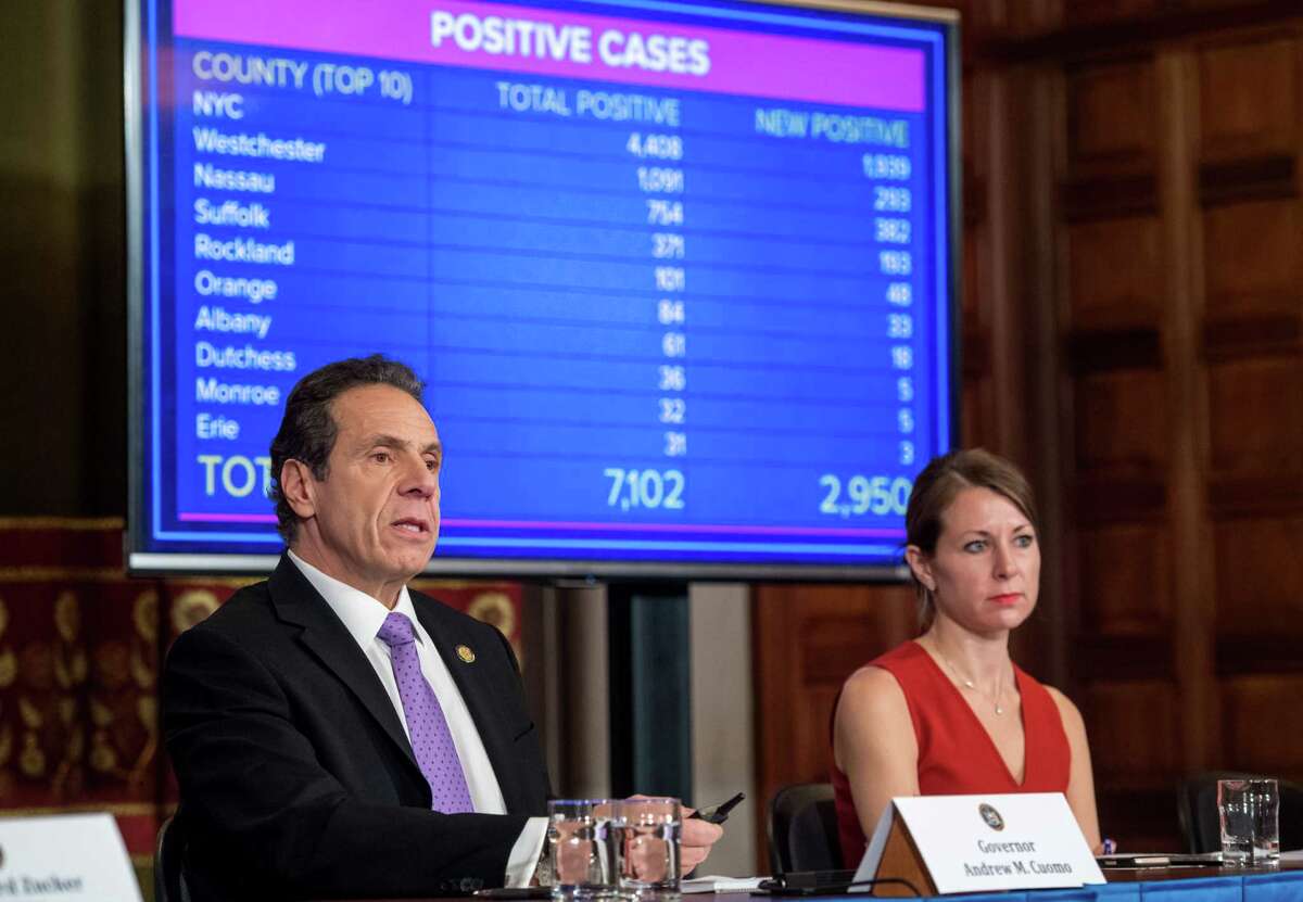 Gov. Andrew Cuomo holds a press briefing on state coronavirus responses on Friday, March 20, 2020, in the Red Room at the Capitol in Albany, NY. (Office of Gov. Andrew Cuomo)
