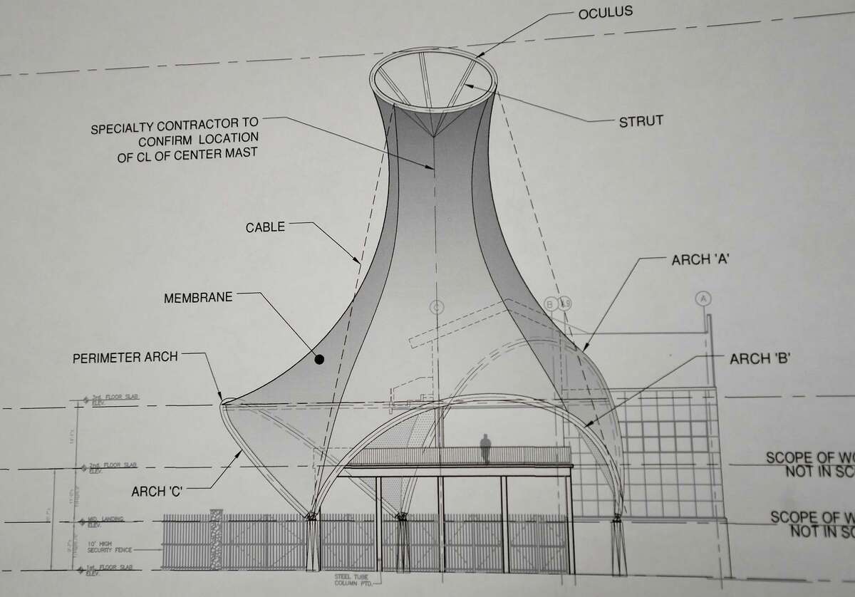 An architect's drawing of the Oculus front entrance pavilion to be built as part of the conversion of the former Ballpark at Harbor Yard to a boutique concert amphitheater in Bridgeport. Materials from overseas needed to complete the work are delayed because of COVID-19 and the grand opening has been pushed back.