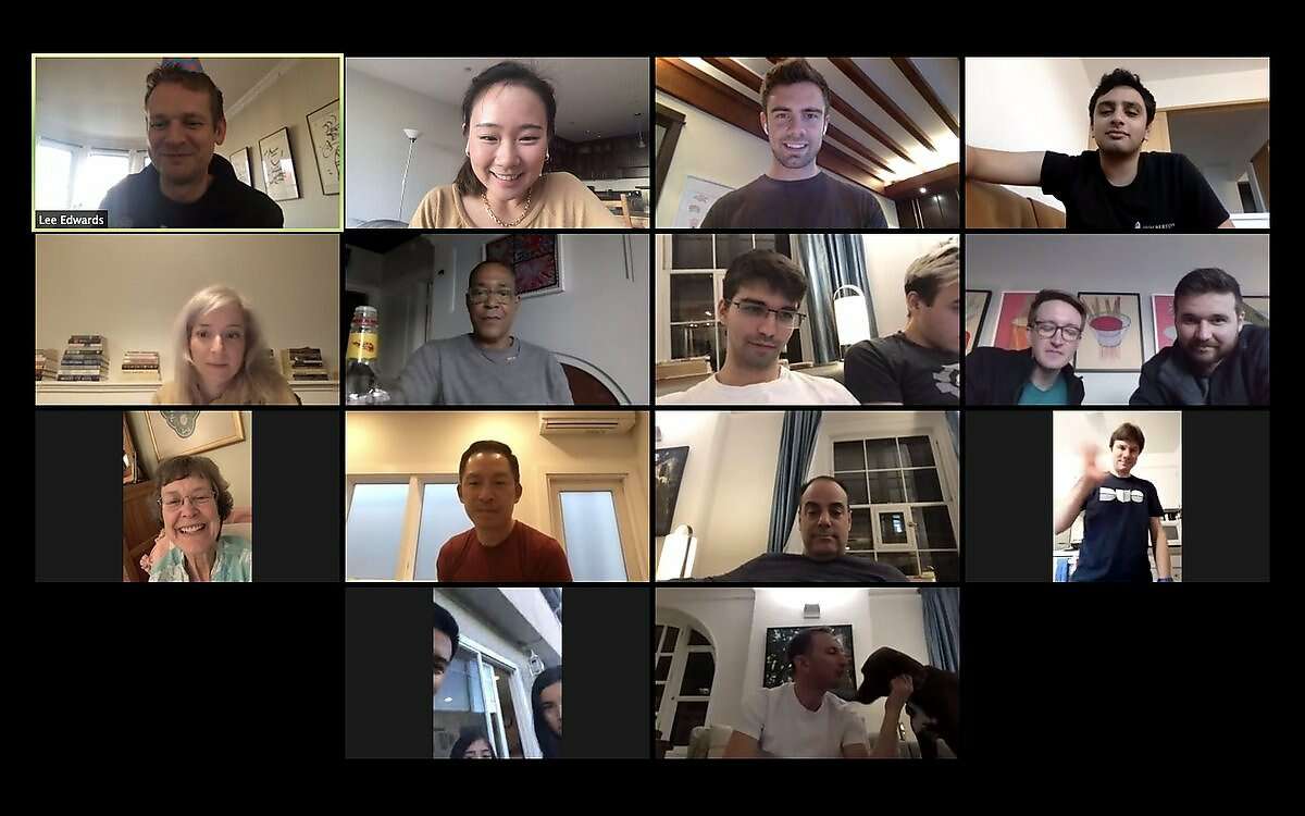 Lee Edwards (top left) celebrates his 36th birthday via video chat with friends around the country on Monday, March 16, 2020.