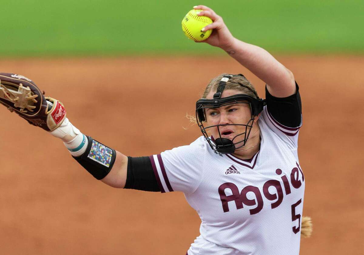 Texas A&M pitcher Payton McBride (5) throws against Texas during an NCAA college softball tournament Austin Regional game, Saturday, May 18, 2019.(Stephen Spillman / for Express-News)