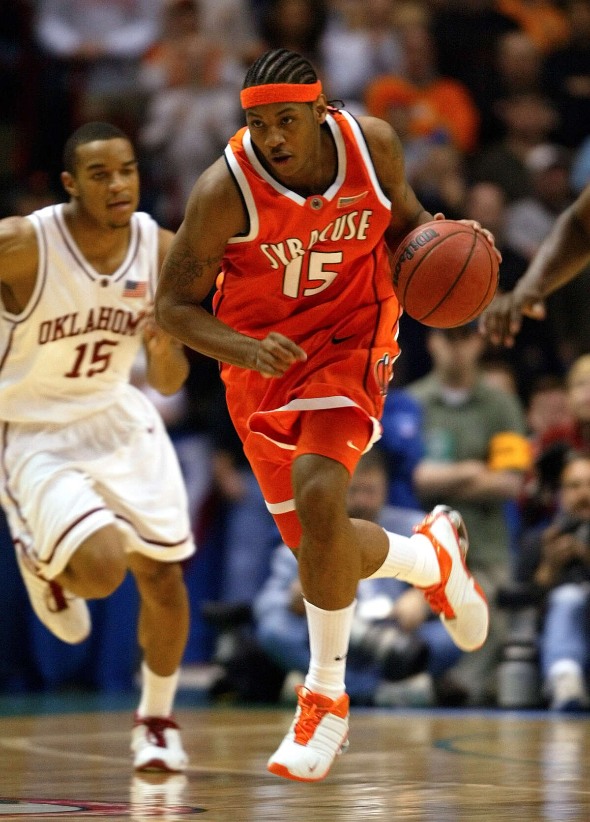 The Times Union Center was host to NCAA Championship events an impressive four consecutive years, and seven events in the new millennium. Syracuse's Carmelo Anthony dribbles the ball upcourt as Oklahoma's De'Angelo Alexander, left, chases during the NCAA men's basketball east regional final in this March 30, 2003. Anthony, who led the Orangemen to their first national championship, says he will forego his final three years of school to play in the National Basketball Association, he announced Thursday, April 24, 2003.