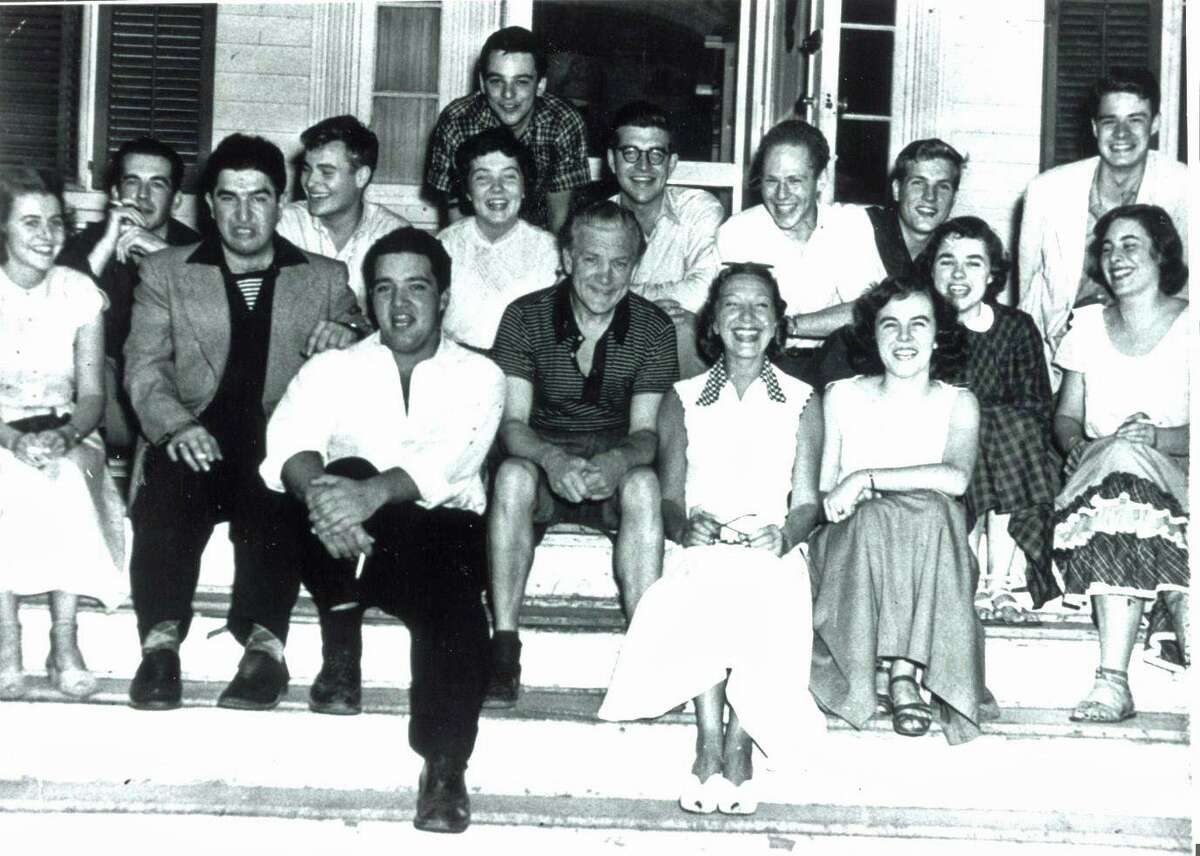 Stephen Sondheim (top of photo) was an apprentice at Westport Country Playhouse in 1950. Mary Rodgers, Richard Rodgers’ daughter, was also an apprentice that year (second row, right). Here they are with actress Gertrude Lawrence (front row, white dress, checkered collar) in front of the Jolly Roger Restaurant on Post Road East, across the street from the Playhouse.