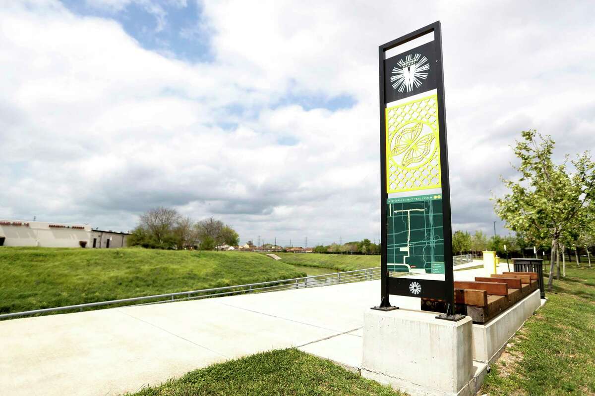 A Westchase map and signage near the Arthur Storey Park area of the Westchase District trails near Bellaire and the Sam Houston Tollway along Brays Bayou, on March 18, 2020.