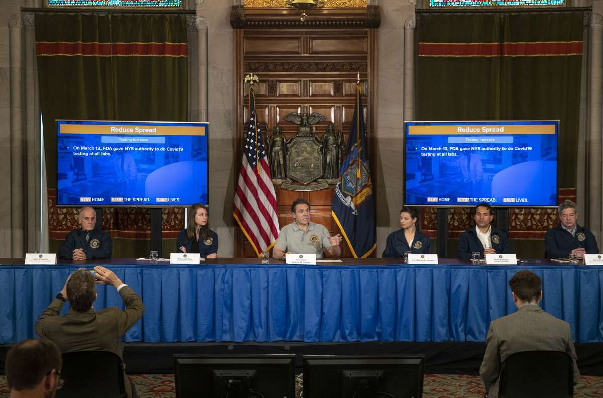 Flanked by former top aides, Gov. Andrew M. Cuomo announced in Albany on Monday the beginnings of plans to restart New York's economy.