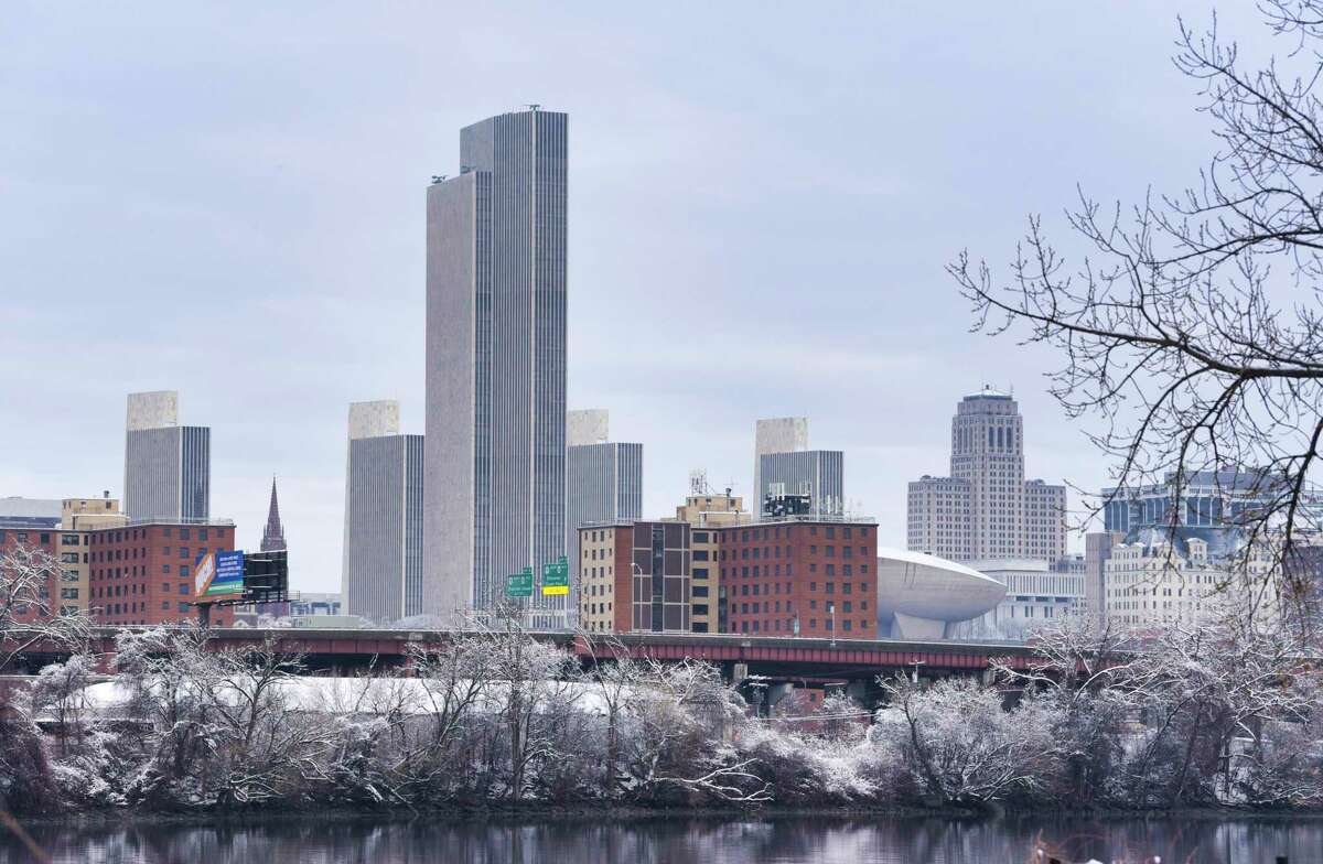A view of the Albany skyline from across the Hudson River on Tuesday, March 24, 2020, in Rensselaer, N.Y. (Paul Buckowski/Times Union)