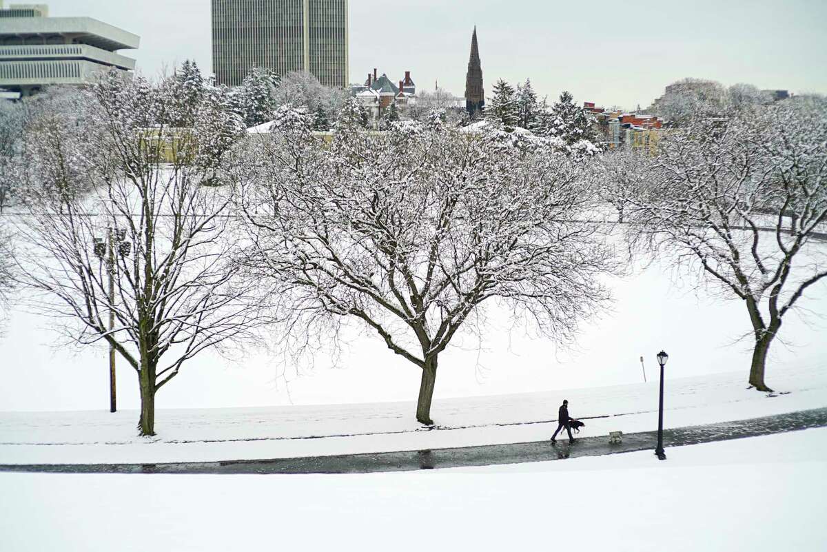A man walks two dogs through Lincoln Park on Tuesday, March 24, 2020, in Albany, N.Y. (Paul Buckowski/Times Union)
