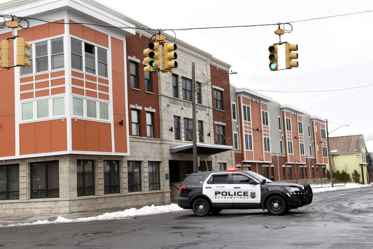 Police close off Albany Street between Hulett and Craig Streets for reports of a shooting on Tuesday, March 24, 2020 in Schenectady, N.Y. The police cruiser is parked in front of the Joseph L. Allen Apartments. (Lori Van Buren/Times Union)