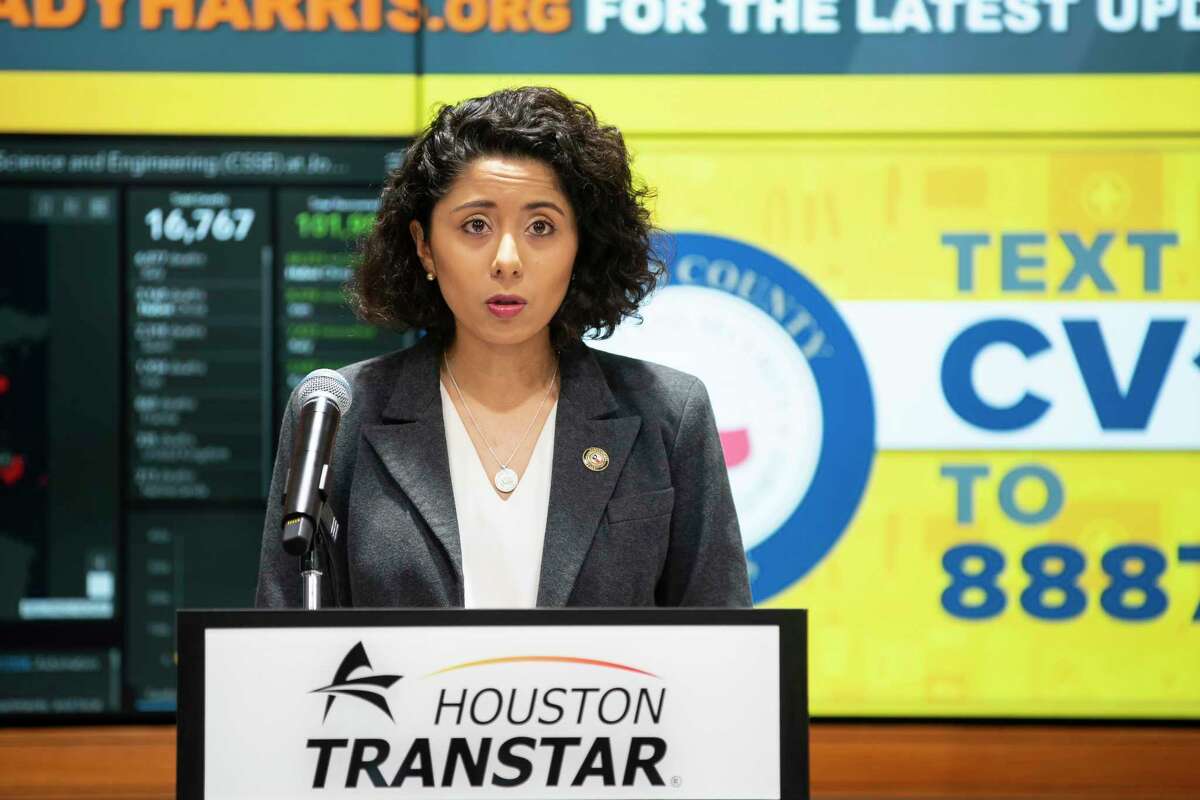 Harris County Judge Lina Hidalgo begins a press conference announcing that the county will adopt a "Stay Home, Work Safe" strategy until April 3, Tuesday, March 24, 2020, at TranStar in Houston.