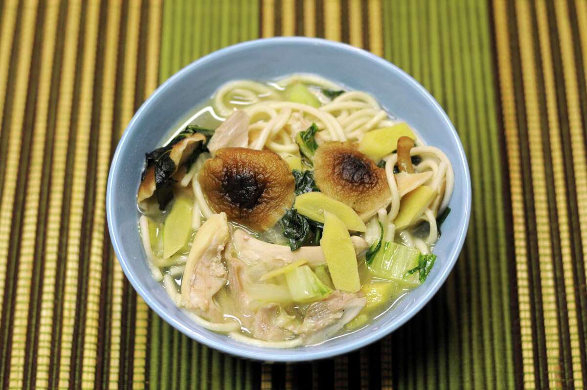 Simple Chicken Noodle Soup with Mushrooms, Ginger and Bok Choy
