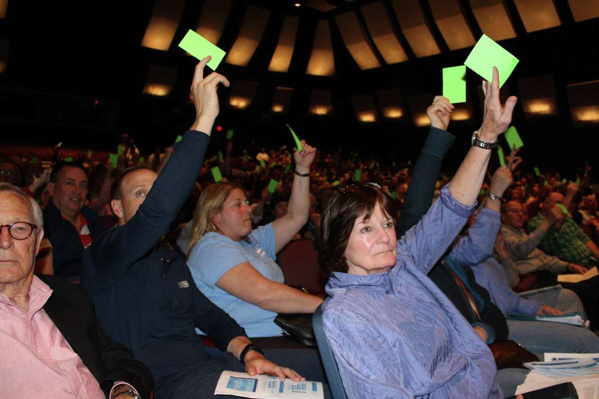 A crowd of Wilton residents voted in favor of the $81.9-million budget proposed by the Board of Finance at the Annual Town Meeting on Tuesday, May 1, 2018. There will be no town meeting vote this year due to the coronavirus pandemic.