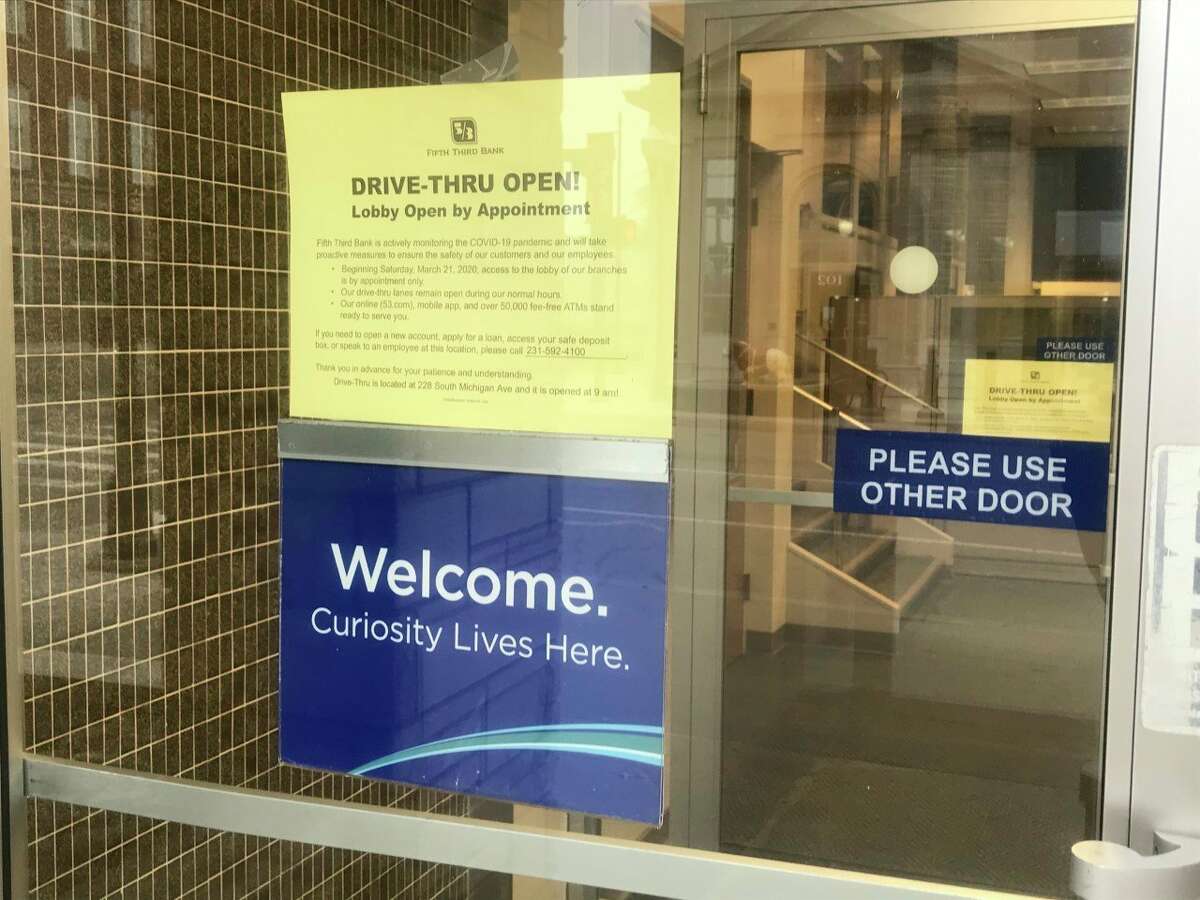 Fifth Third Bank is one of several banks in Mecosta, Osceola and Lake counties which have moved their lobby hours to appointment only and are mainly operating out of their drive-thru location in an effort to reduce the spread of the coronavirus. (Pioneer photo/Taylor Fussman)