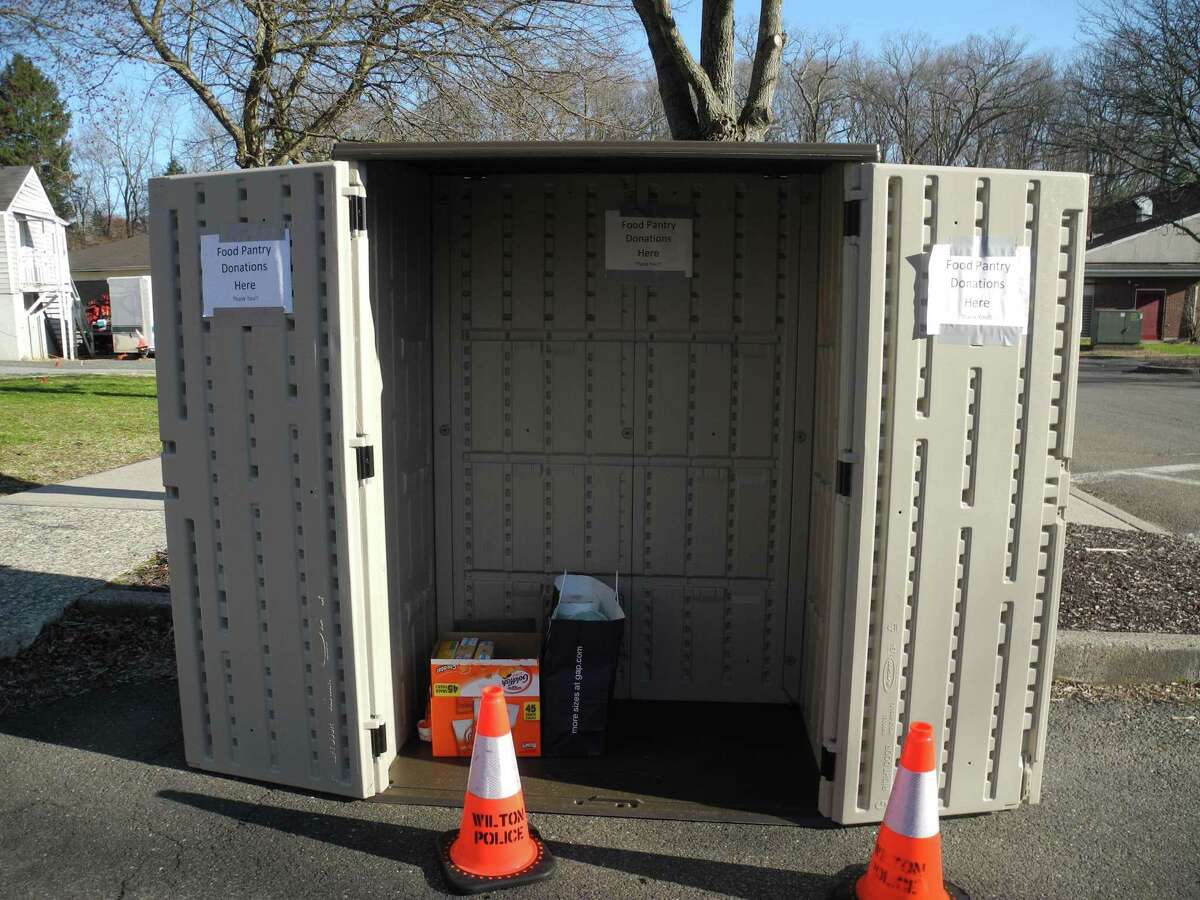 Donations for Wilton's food pantry may be dropped of outside the Wilton police station on Danbury Road. March 21, 2020.