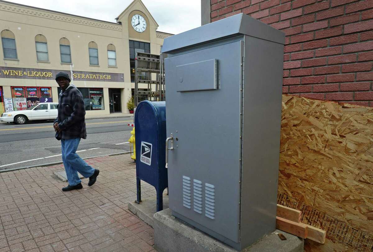 A traffic box on Wall Street Thursday, April 10, 2019, that became a work of art was removed by the city earlier this month and could be the center of litigation in Norwalk, Conn.