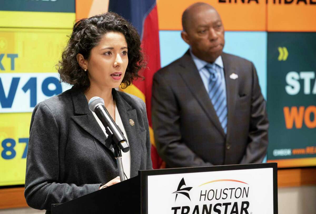 Harris County Executive Lina Hidalgo and Houston Mayor Sylvester Turner begin a press conference announcing that the county will go into a more restricted lock-down until April 3, Tuesday, March 24, 2020, at TranStar in Houston.