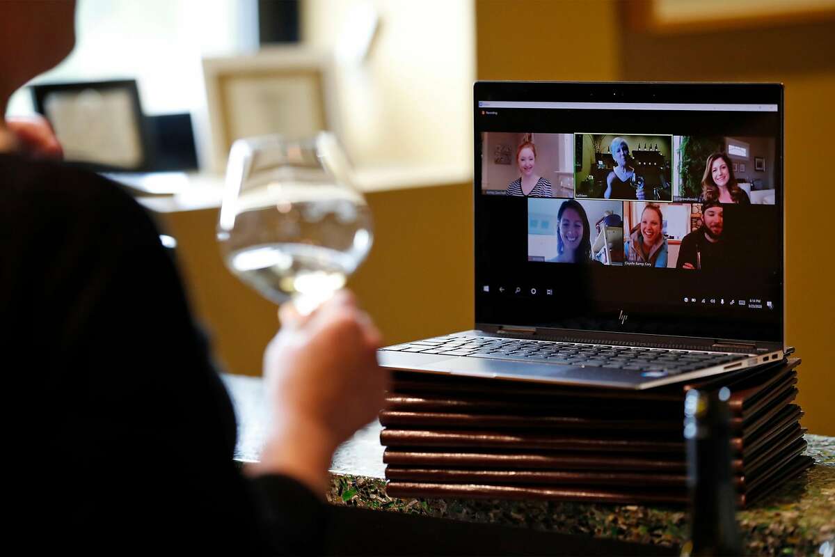 Kathleen Inman of Inman Family Wines holds a virtual wine tasting at her winery in Santa Rosa, Calif., on Monday, March 23, 2020.