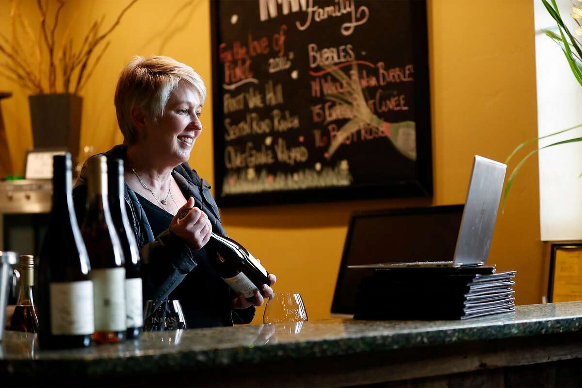 Kathleen Inman of Inman Family Wines holds a virtual wine tasting at her winery in Santa Rosa, Calif., on Monday, March 23, 2020.