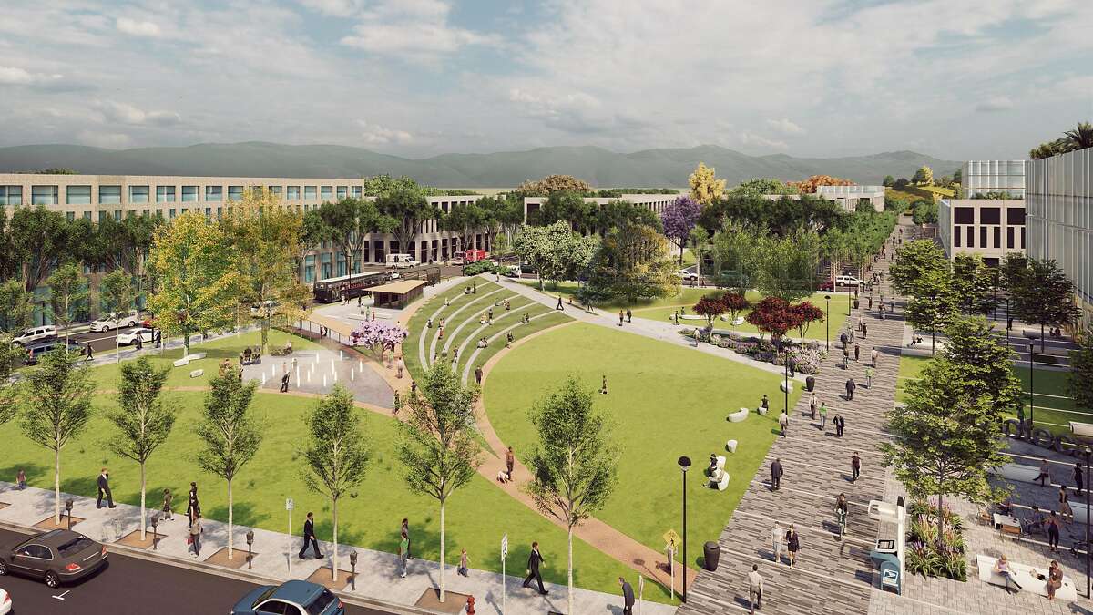 A rendering showing one of the parks conceived as part of the 2,300-acre transit-oriented district envisioned for the former Concord Naval Weapons Station. The developer, Lennar, was selected in 2016 by the city of Concord.