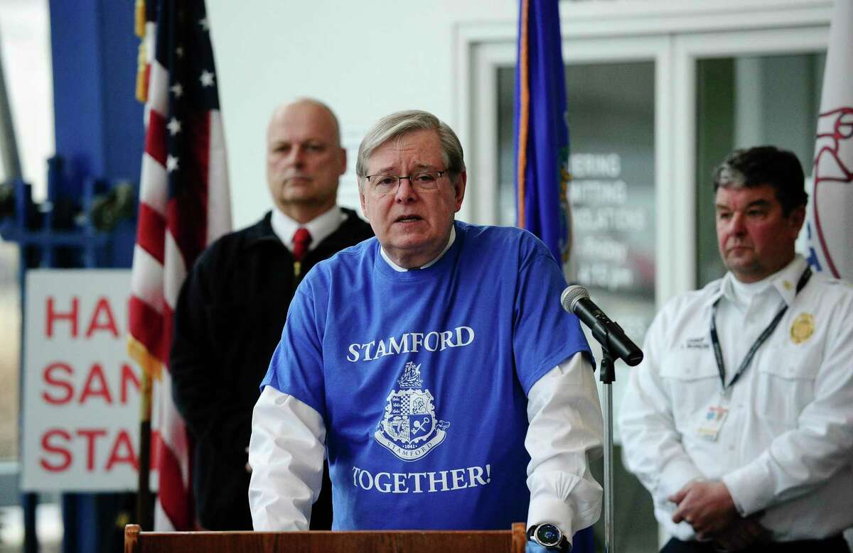 Mayor David Martin announces “Stamford Together,” a citywide volunteer program to help support the emergency response efforts related to the COVID-19 pandemic, during a press conference in the lobby of the Stamford Government Center on Wednesday.