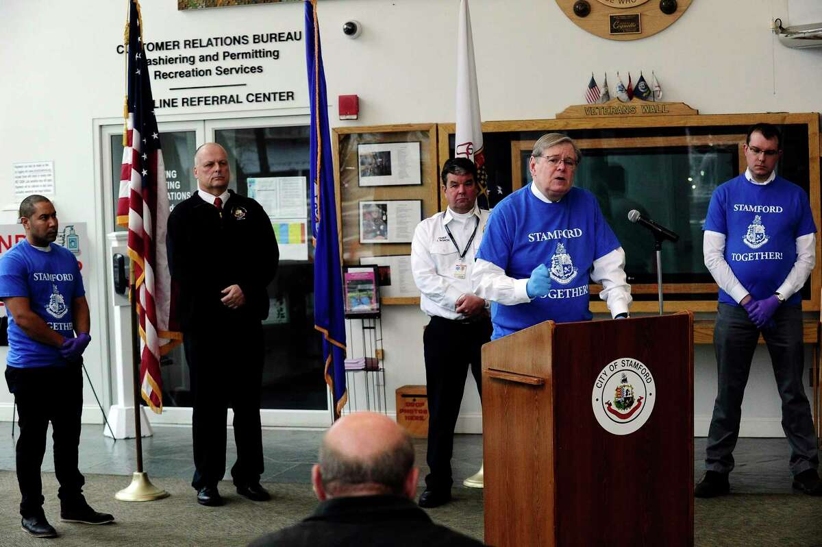 Mayor David Martin announces "Stamford Together", a citywide volunteer program to help support the emergency response efforts related to the Covid-19 pandemic, during a press conference in the lobby of the Stamford Government Center on March 25, 2020 in Stamford, Connecticut.