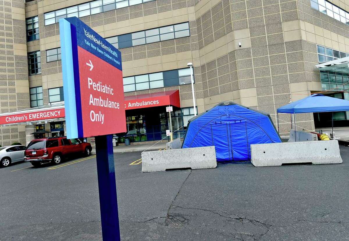A temporary tent for screening and testing in front of the Yale New Haven Hospital Children's Emergency Room March 25, 2020 due to the coronavirus / Covid-19 pandemic.