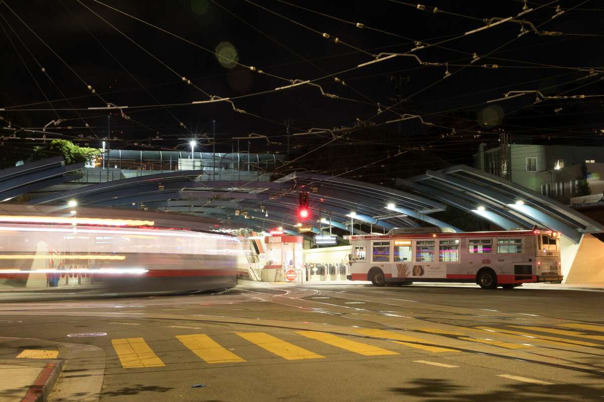 A San Francisco Muni light rail train enters the West Portal Station in San Francisco, Calif. on March 26, 2020.