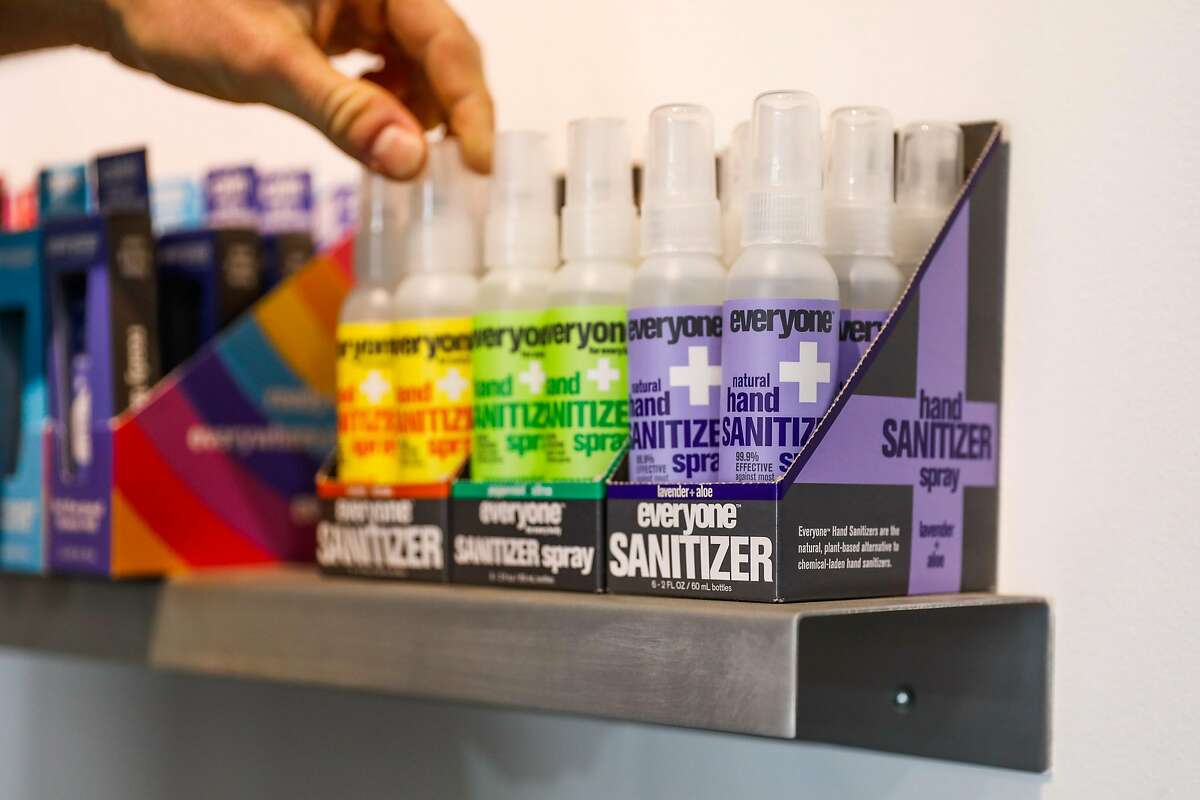 Hand sanitizer on display at the EO factory on Monday, March 23, 2020 in San Rafael, California.