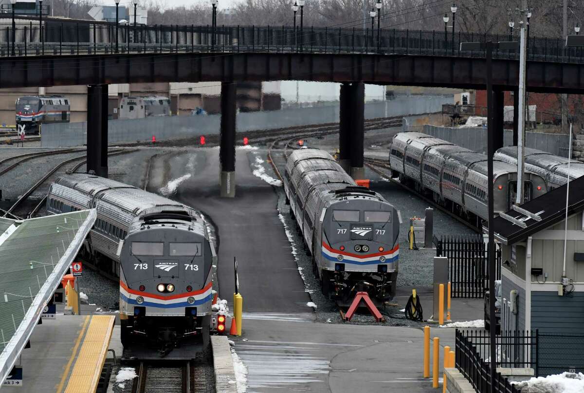 Amtrak trains sit at the Albany-Rensselaer station on Wednesday, March 25, 2020, in Rensselaer, N.Y. Gov. Phil Scott of Vermont has suspended Amtrak service to the state to prevent the spread of the coronavirus. (Will Waldron/Times Union)