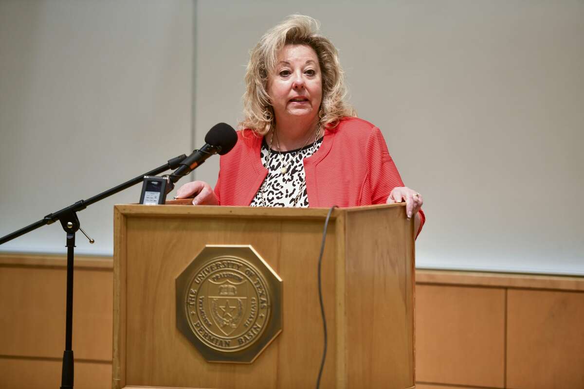 Ector County Judge Debi Hays talks during a press conference on Tuesday, March 24, 2020 at the University of Texas Permian Basin library.