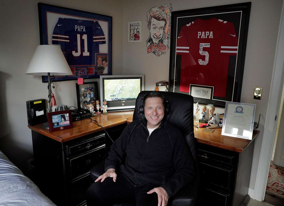 Sports talk radio host Greg Papa in his home studio where he broadcasts his show with co-host John Lund (in his own home) in Danville, Calif., on Wednesday, March 25, 2020. Papa has a weekday sports talk show on KNBR, and on Sunday calls the 49ers games. He is the first Bay Area broadcaster to call games for the 49ers, Raiders, Athletics, Giants and Warriors.