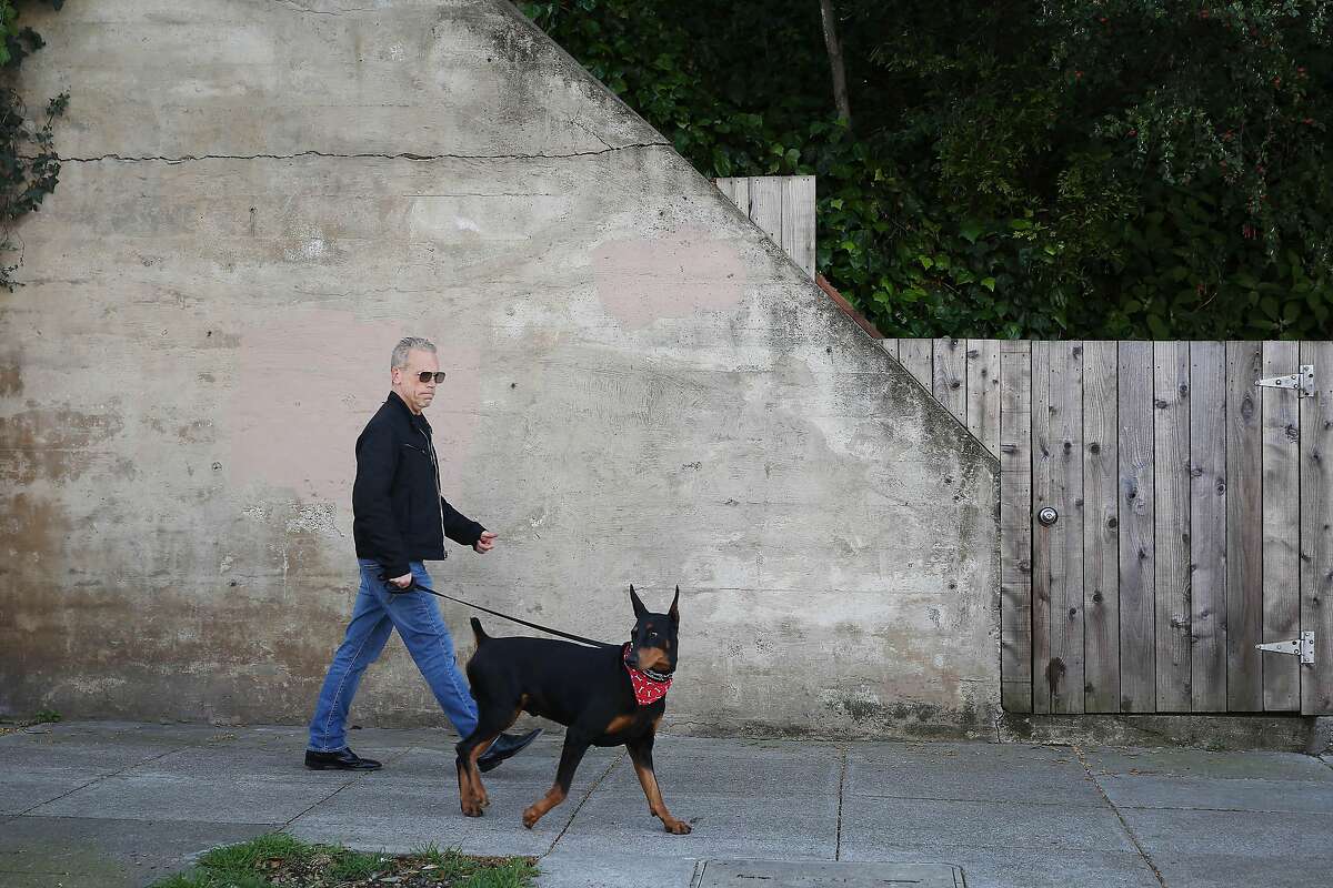 Scott Herbst takes his dog Phoenix for a walk along 19th Street on Thursday, March 26, 2020 in San Francisco, Calif. Herbst isn't focused on blaming, but feels a lot of people are shrugging off the need for social distancing and not thinking about the impact they might have.