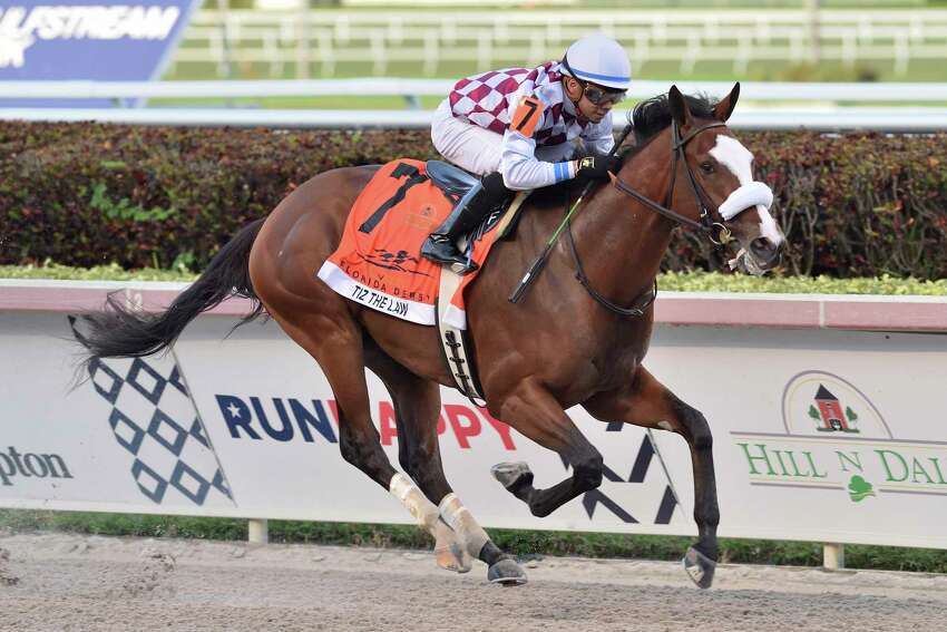 In this image provided by Gulfstream Park, Tiz the Law, riddren by Manuel Franco, wins the Florida Derby horse race at Gulfstream Park, Saturday, March 28, 2020, in Hallandale Beach, Fla.