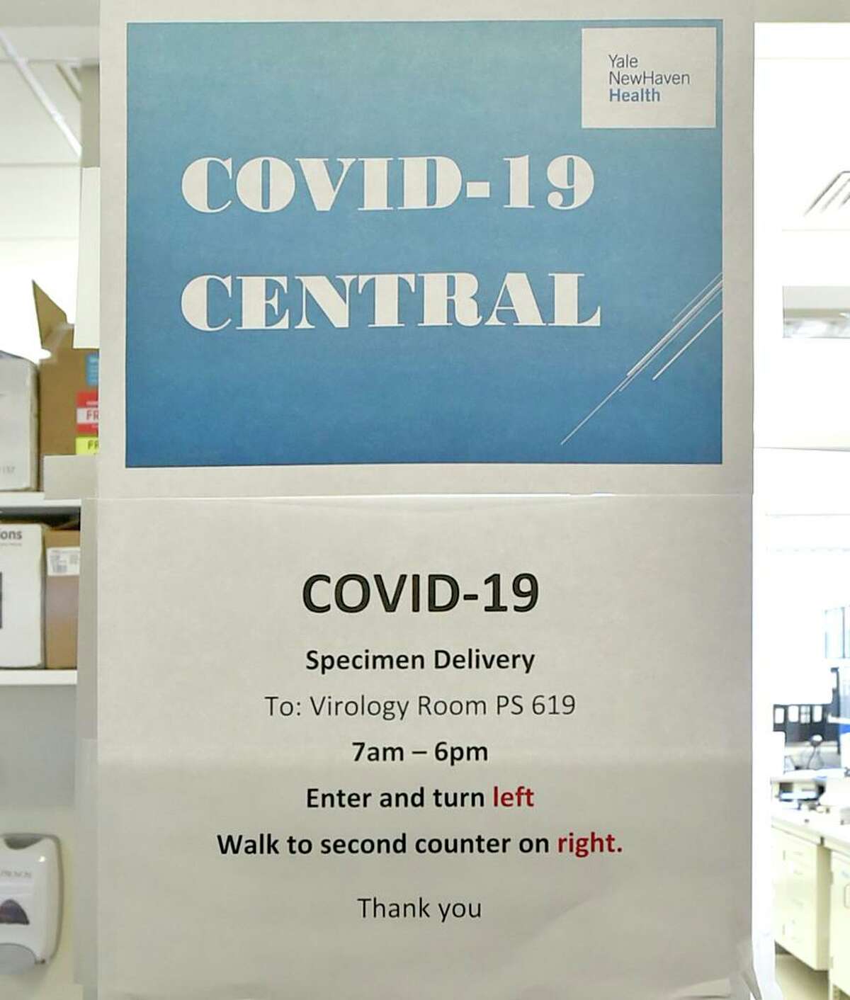 A sign at the Yale Clinical Virology Lab that does testing of Covid-19 / Coronavirus samples at Yale New Haven Hospital in New Haven.