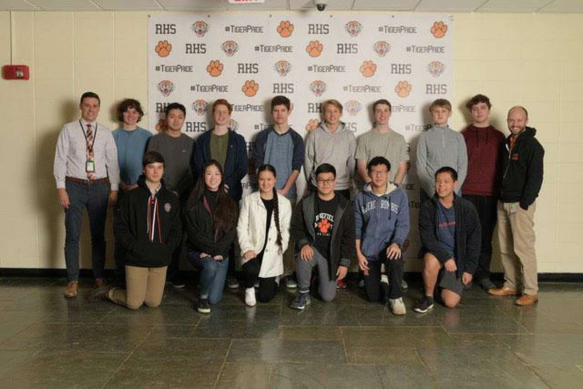 Coach Jeffrey Corbishley with RHS Math Team members, Jack Hudson, Ethan McKean, Matthew Zhang, Aurora Mu, Tim Porter, Isabel McKean, Questin McQuilkin, Kenneth Choi, Andrey Kosygin , Andrew Dong, Nate Carter,Kevin Yang, Ian Murdock, Andrei Zubek; and Coach Matt Bearse.