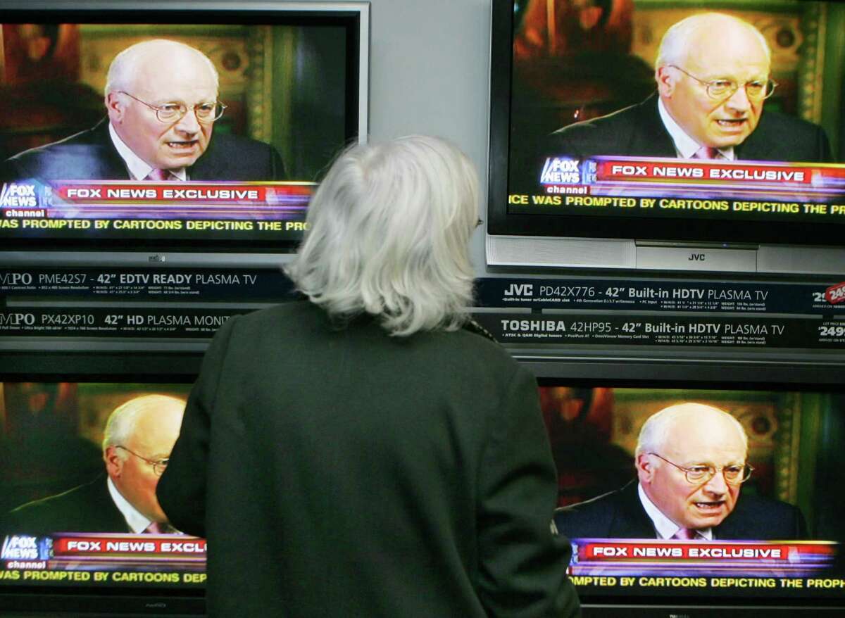 Deborah McElwain, of Buffalo, N.Y., watches Vice President Dick Cheney speak on the Fox News Channel at Stereo Advantage in Williamsville, N.Y., Wednesday, Feb. 15, 2006. Vice President Dick Cheney on Wednesday accepted full blame for shooting a fellow hunter and defended his decision to not publicly disclose the accident until the following day. He called it "one of the worst days of my life." (AP Photo/David Duprey)Ran on: 02-16-2006 Vice President Dick Cheney (left) talks with TV newsman Brit Hume about the accidental shooting in Texas for the first time during an interview Wednesday at the White House complex in Washington.Ran on: 02-16-2006 Vice President Dick Cheney talks with TV newsman Brit Hume about the accidental shooting in Texas for the first time during an interview Wednesday at the White House complex in Washington.Ran on: 02-16-2006 Vice President Dick Cheney talks with TV newsman Brit Hume about the accidental shooting in Texas for the first time during an interview at the White House complex in Washington.