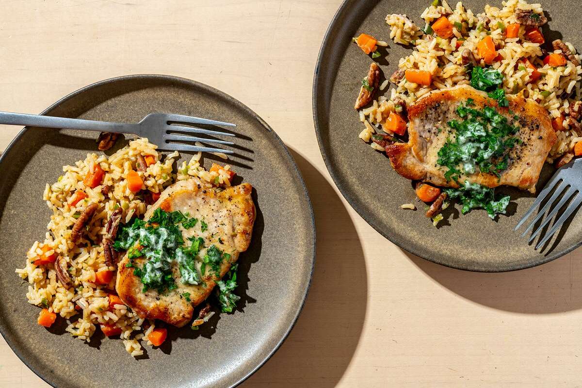Skillet Pork Chops and Spicy Pecan Rice