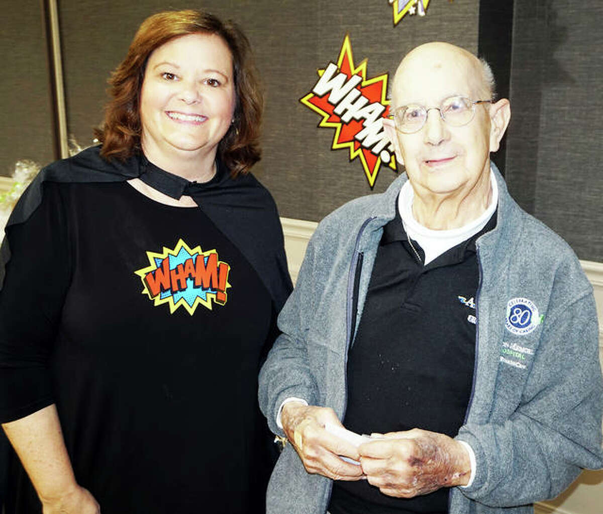 Carl received a pin for 40,000 volunteer hours from AMH Volunteer Coordinator Kathleen Turner at last year’s volunteer luncheon.