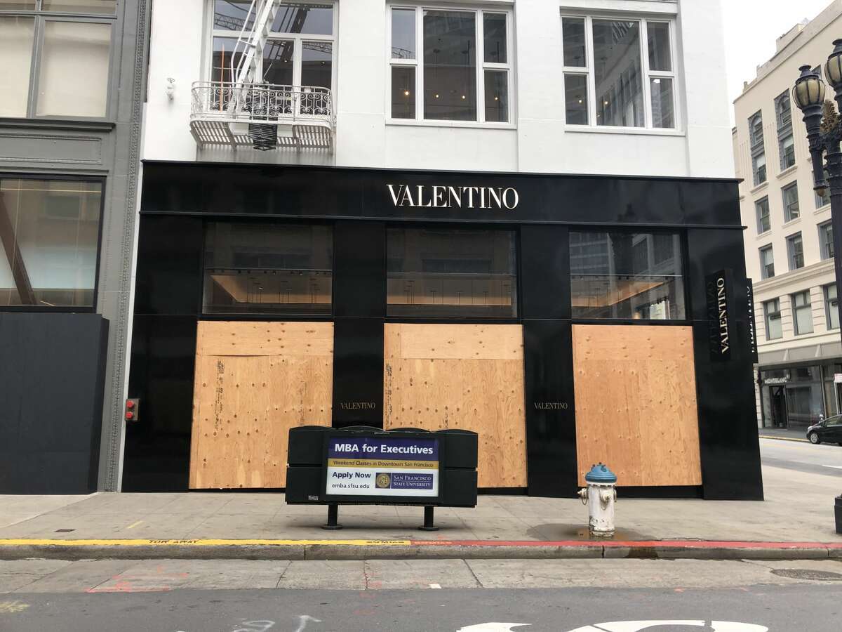 The Valentino store, boarded up during the coronavirus shutdown in San Francisco.