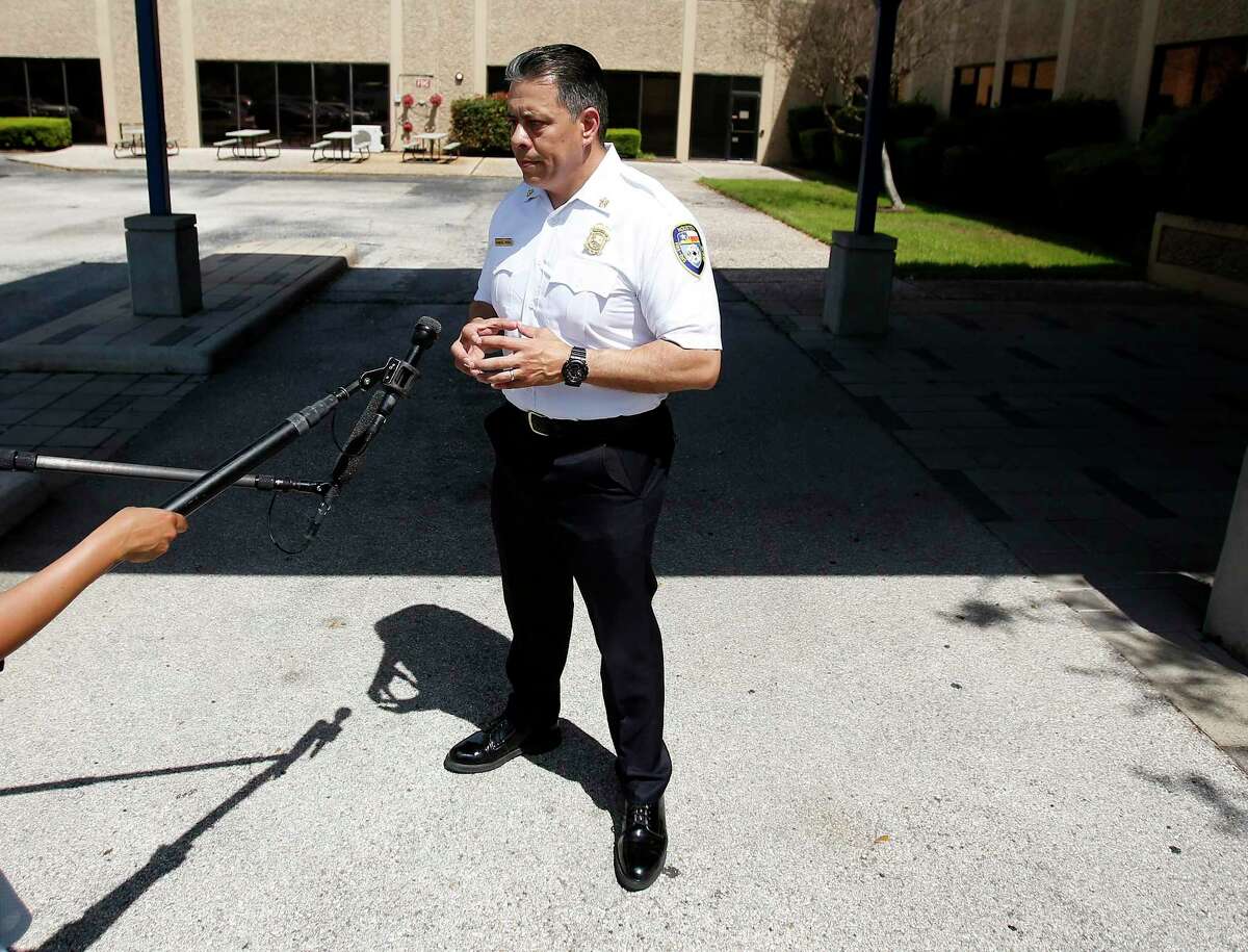 Houston Fire Chief Samuel Peña talks to the media after PCCA, an FDA-registered and inspected chemical repackager, donated hand sanitizer the company made using the WHO's recipe to the Houston Fire Department on Friday, March 27, 2020.