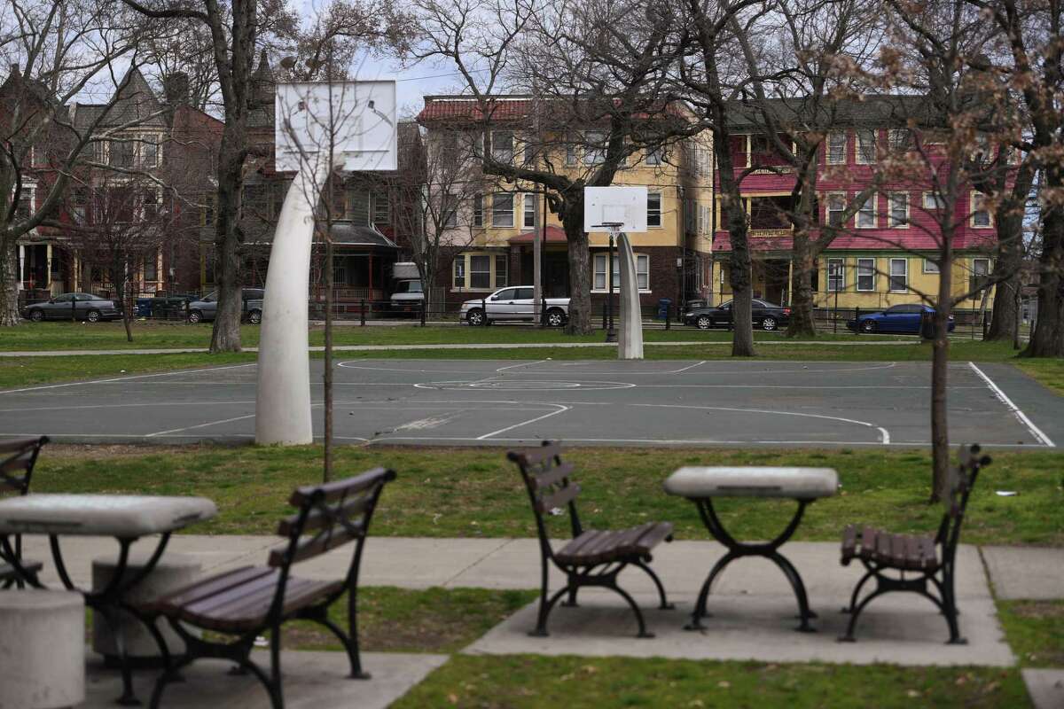 An empty Washington Park in Bridgeport, Conn. on Tuesday, March 31, 2020. Playgrounds have been closed in the city due to the coronavirus pandemic.