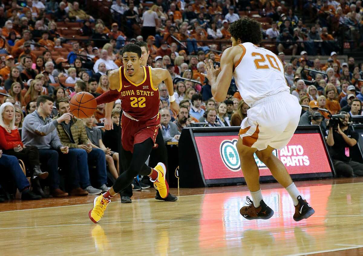 AUSTIN, TEXAS - MARCH 02: Tyrese Haliburton #22 of the Iowa State Cyclones drives around Jericho Sims #20 of the Texas Longhorns at The Frank Erwin Center on March 02, 2019 in Austin, Texas. (Photo by Chris Covatta/Getty Images)