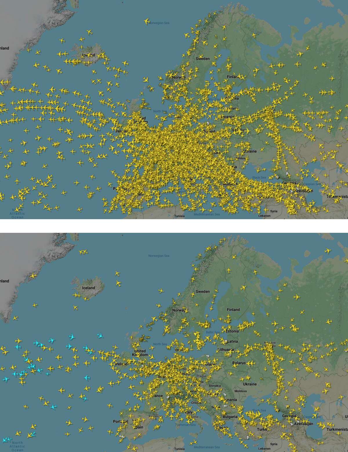 An overview of air traffic across the European Union on Dec. 18, 2019, above, and on March 25, 2020, below in imagery provided by Flightradar24 on Wednesday, March 25, 2020.