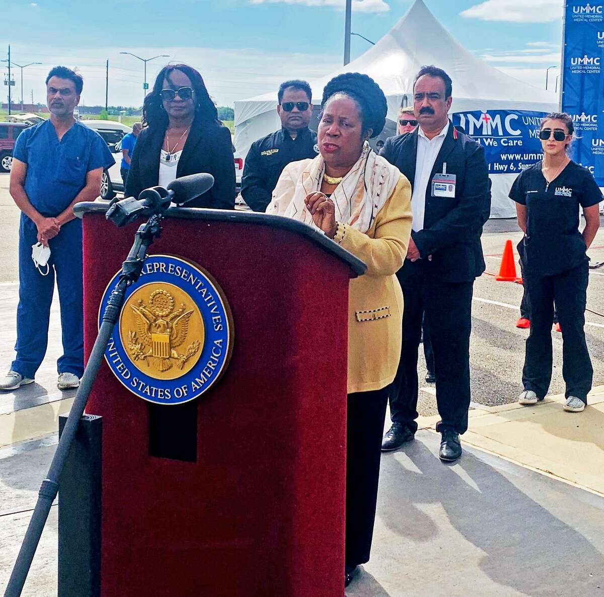 Congresswoman Shelia Jackson Lee speaks at a press conference to announce the opening of a free COVID-19 testing site at Sugar Land's Smart Financial Centre on Tuesday, March 31.